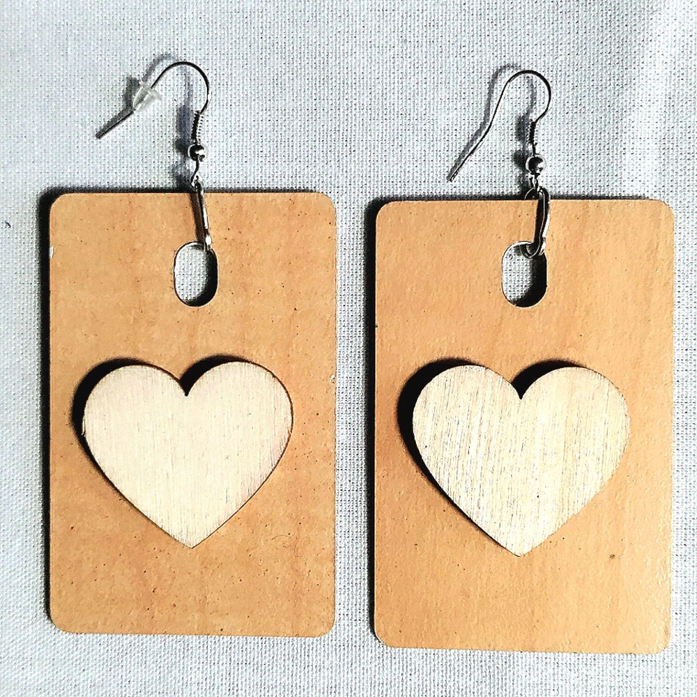 NEW Handcrafted Fusion Maple Wood Earrings! 2.5" Rectangles w/ Wooden Hearts.